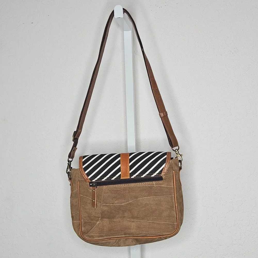 Vaan & Co Suede Leather Crossbody Bag Brown Patchwork Striped Flap‎ Adjustable